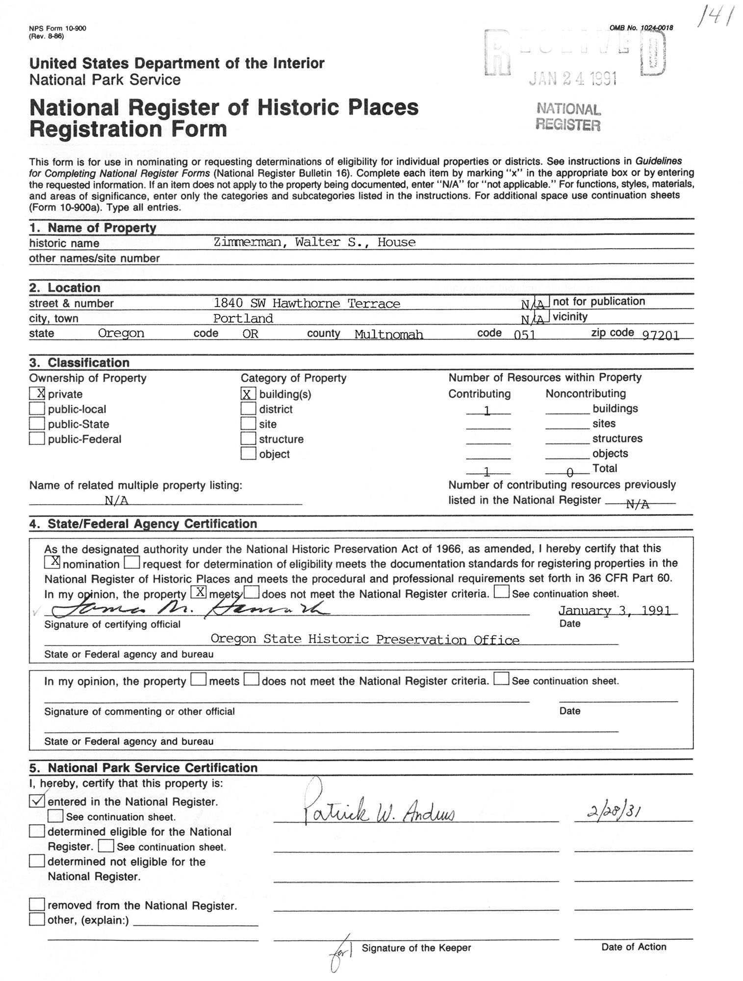 Zimmerman, Walter S., House_02/28/1991